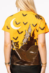 Queen of Sparkles - Orange & Black Halloween House Scene Tee