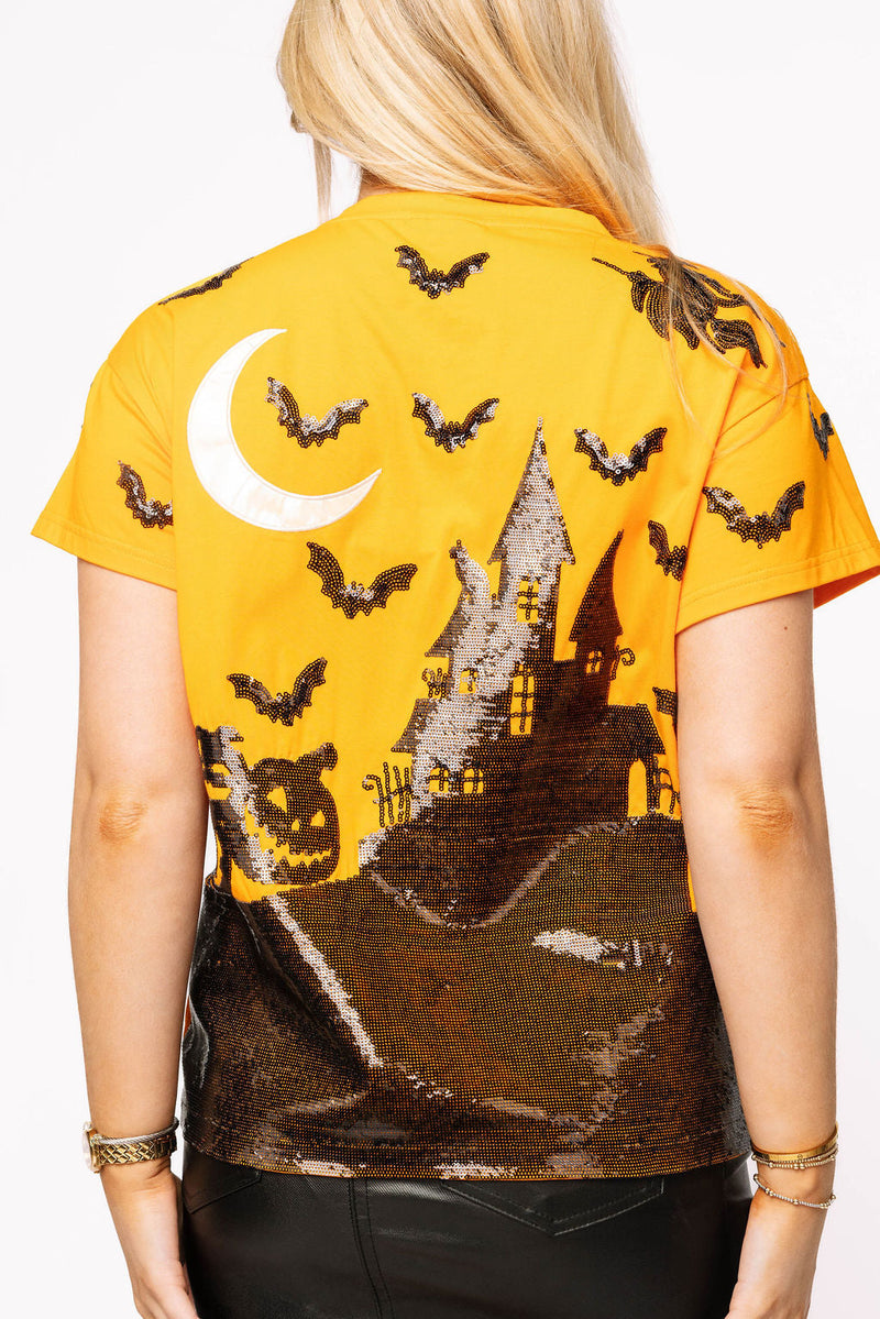 Queen of Sparkles - Orange & Black Halloween House Scene Tee