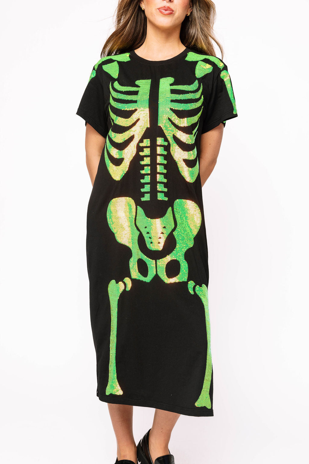 Queen of Sparkles - Black & Iridescent Green Skeleton Body Midi
