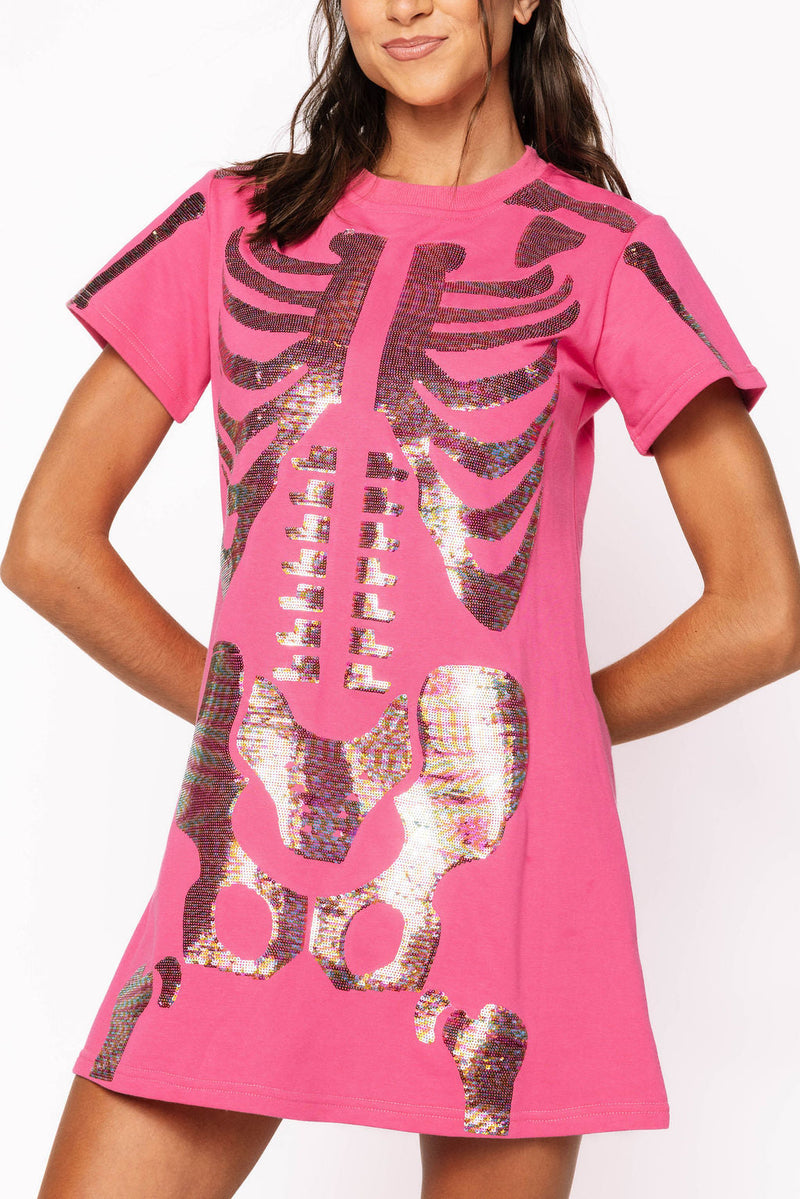 Queen of Sparkles - Hot Pink Multi Skeleton Body Tee Dress