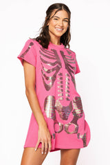 Queen of Sparkles - Hot Pink Multi Skeleton Body Tee Dress