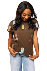 Queen of Sparkles - Tops - Brown Multi Cowboy Boot Tee