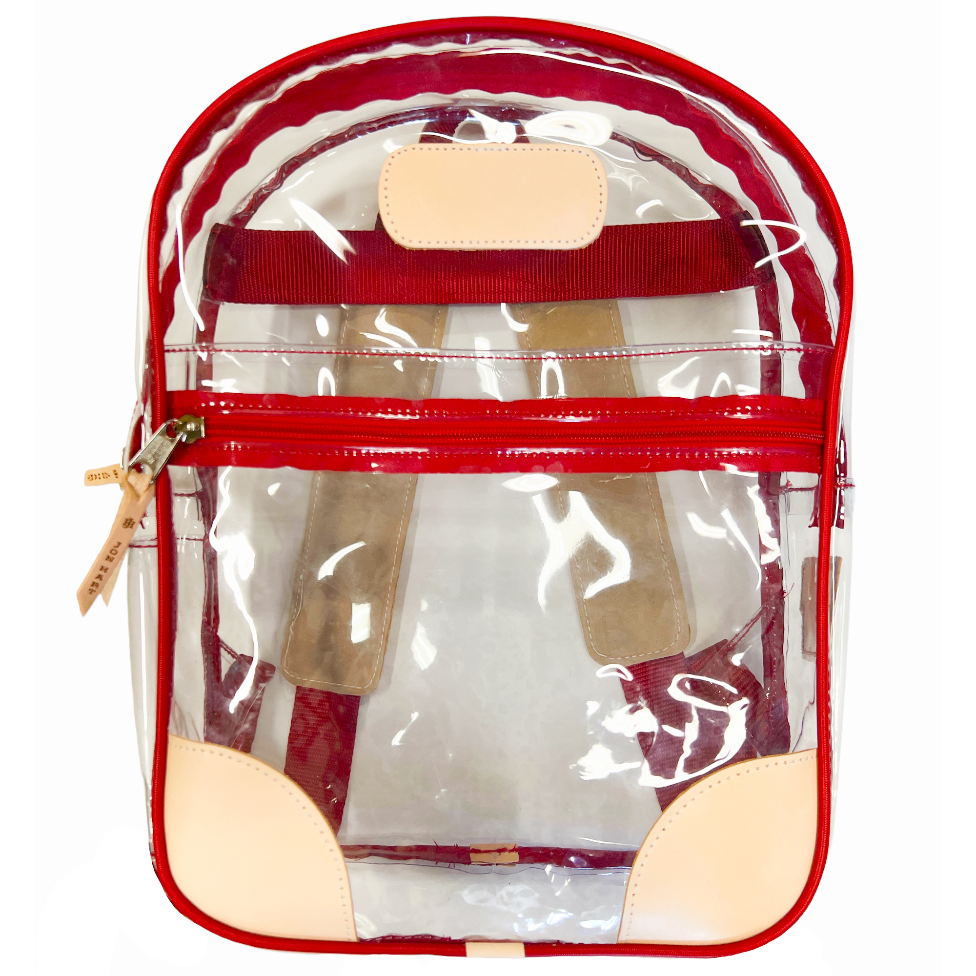 clear backpack with leather trim Jon Hart Clear Backpack | Red Webbing | Genuine Natural Leather Details