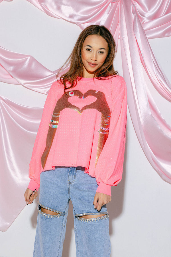 Queen Of Sparkles - Neon Pink Heart Hand Sweatshirt