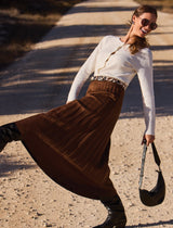 Pleated Faux Suede Pull-On Maxi Skirt in Hickory - view 1