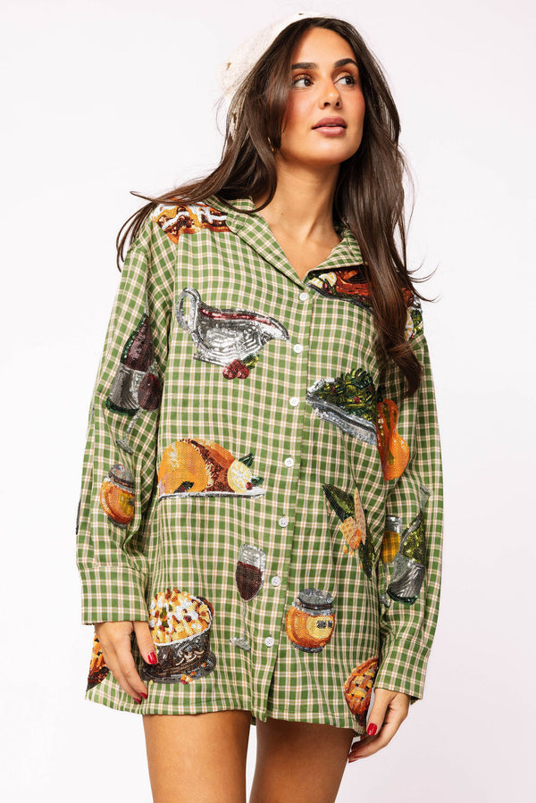 Queen of Sparkles - Green Plaid Turkey Button Up Dress