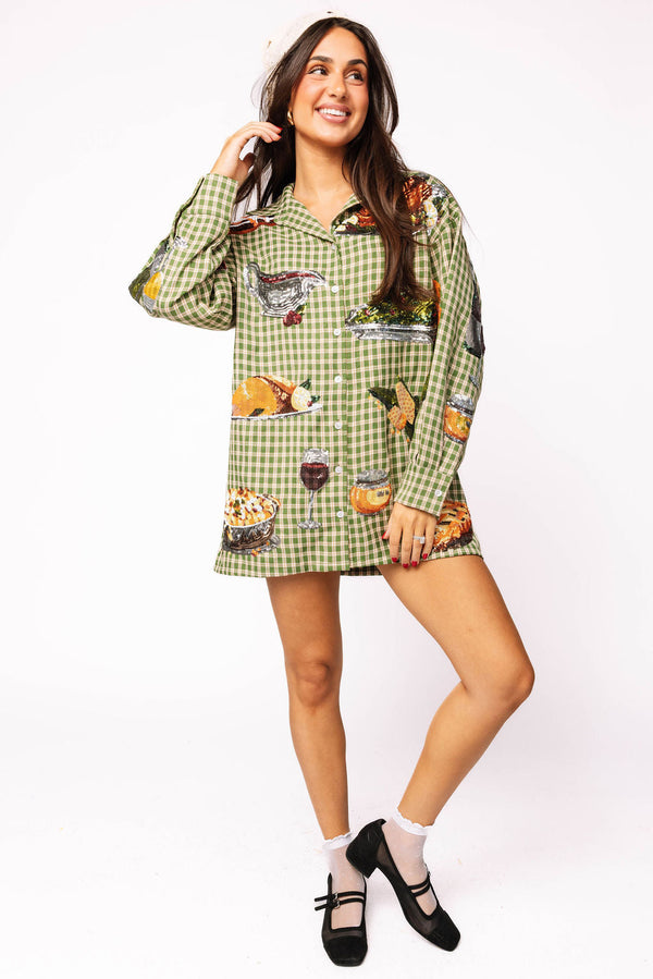 Queen of Sparkles - Green Plaid Turkey Button Up Dress