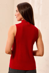 Ribbed Funnel Neck Sleeveless Knit Top in Chili Pepper - view 2