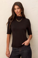 Funnel Neck Elbow-Sleeve Knit Top in Black - view 1