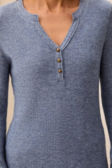 Waffle Knit Long-Sleeve Henley in Heather Denim - view 3
