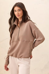 Quarter-Zip Mock-Neck Knit Top in Fossil - view 1