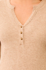 Waffle Knit Long-Sleeve Henley in Oatmeal - view 3
