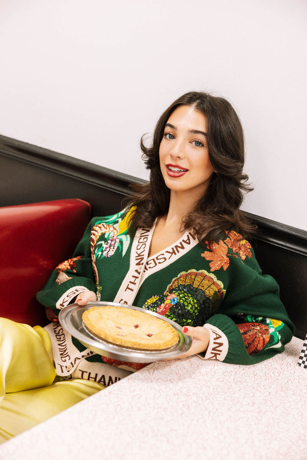 Queen of Sparkles - Dark Green ?Thanksgiving’ Button Cardigan
