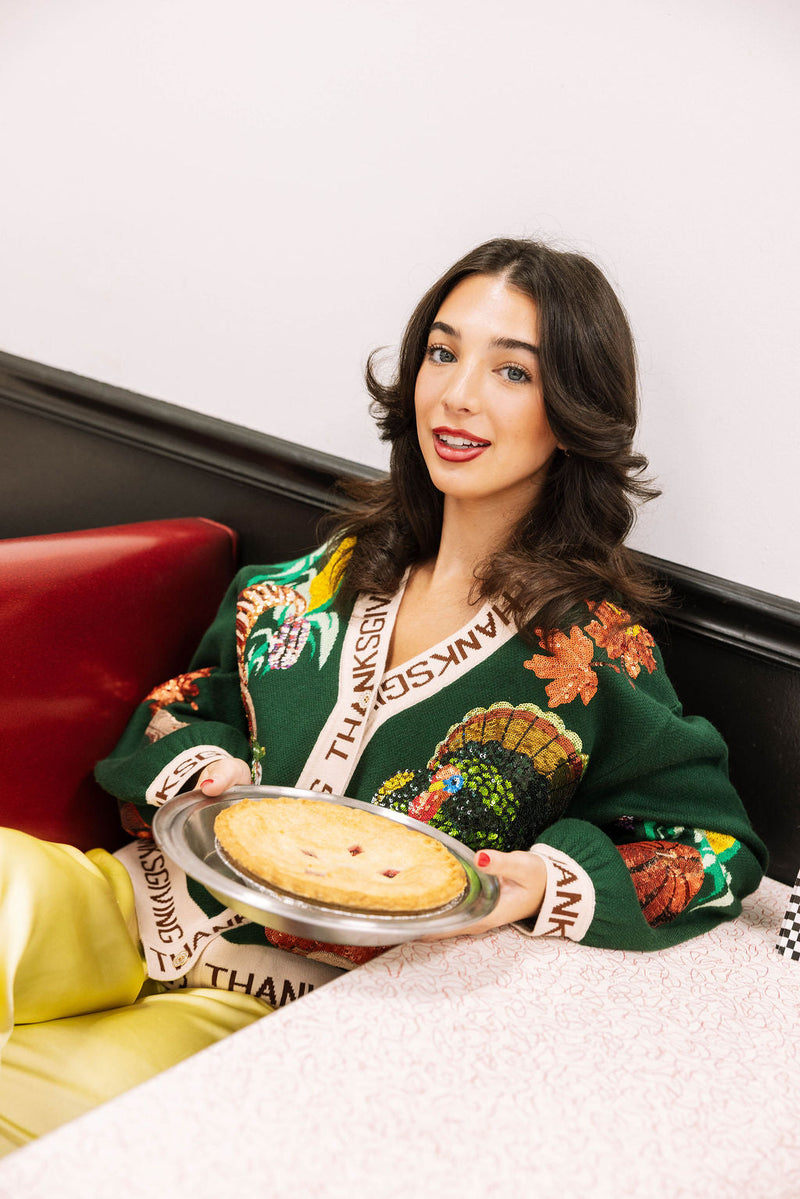 Queen of Sparkles - Dark Green ?Thanksgiving’ Button Cardigan