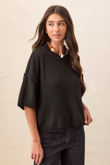 Drop-Shoulder Elbow-Sleeve Crew Neck Sweater in Black - view 1