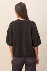 Drop-Shoulder Elbow-Sleeve Crew Neck Sweater in Black - view 3