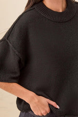Drop-Shoulder Elbow-Sleeve Crew Neck Sweater in Black - view 2