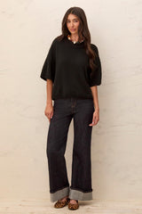 Drop-Shoulder Elbow-Sleeve Crew Neck Sweater in Black - view 4