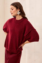 Drop-Shoulder Elbow-Sleeve Crew Neck Sweater in Heather Pinot - view 1