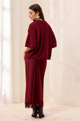 Drop-Shoulder Elbow-Sleeve Crew Neck Sweater in Heather Pinot - view 4