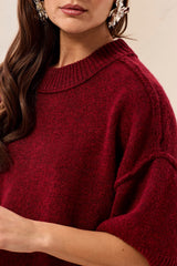 Drop-Shoulder Elbow-Sleeve Crew Neck Sweater in Heather Pinot - view 3