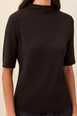 Funnel Neck Elbow-Sleeve Knit Top in Black - view 3
