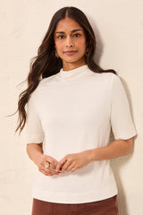 Funnel Neck Elbow-Sleeve Knit Top in Cream - view 1