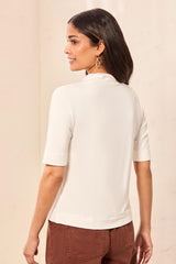 Funnel Neck Elbow-Sleeve Knit Top in Cream - view 2