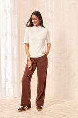 Funnel Neck Elbow-Sleeve Knit Top in Cream - view 4