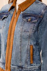 Denim Zip-Front Jacket with Suede Trim in Moonlight - view 4