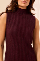 Ribbed Funnel Neck Sleeveless Knit Top in Heather Fudge - view 4