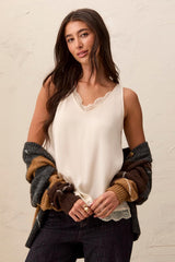 Satin V-Neck Cami with Lace Trim in Cream - view 1