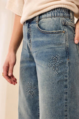 Sophia Curvy Straight-Leg Embroidered Jeans in Flower Blue - view 3