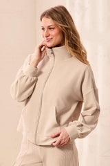 Waffle Knit Puff-Sleeve Zip-Up Cardigan in Sand Dune - view 1