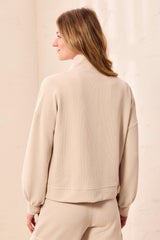 Waffle Knit Puff-Sleeve Zip-Up Cardigan in Sand Dune - view 2