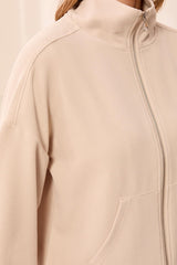 Waffle Knit Puff-Sleeve Zip-Up Cardigan in Sand Dune - view 3