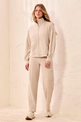 Waffle Knit Puff-Sleeve Zip-Up Cardigan in Sand Dune - view 4