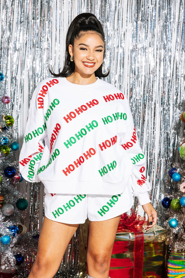 Queen of Sparkles - Sweatshirt - White Beaded ?Ho Ho Ho’ S